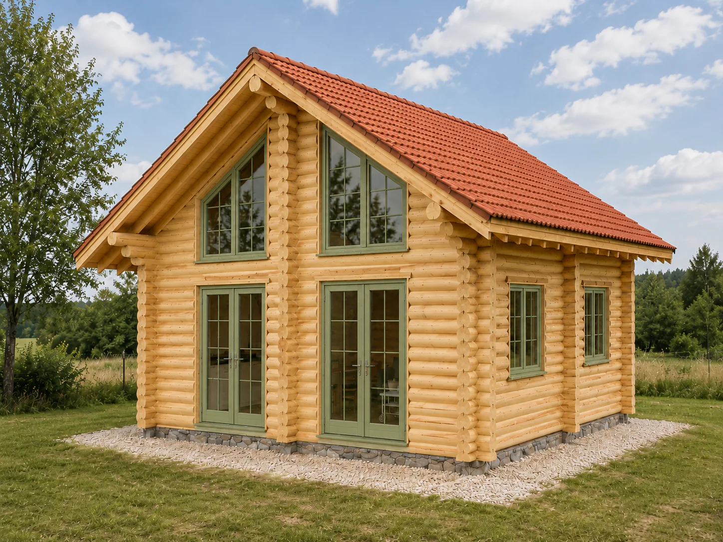 Cabană WoodLock din bușteni într-un peisaj verde