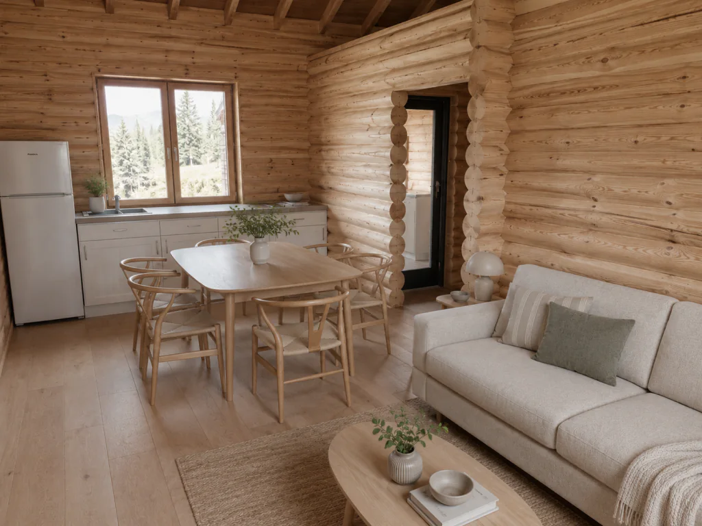 Interior deschis al unei cabane WoodLock